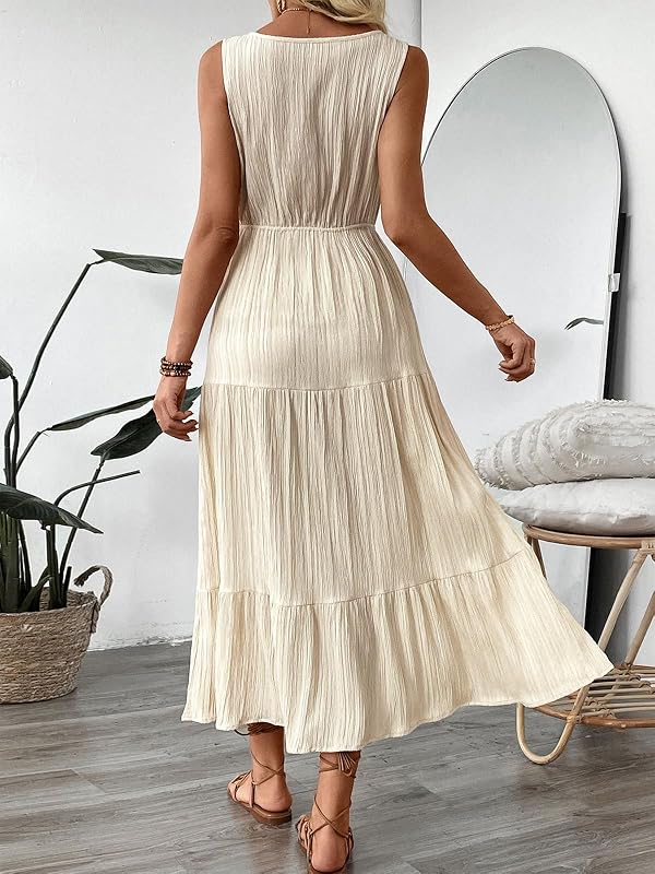 Women's Casual V Neck Button High Waist Sleeveless/Long Sleeve Maxi Dress by LUJENGEFA - Used condition - Image 5
