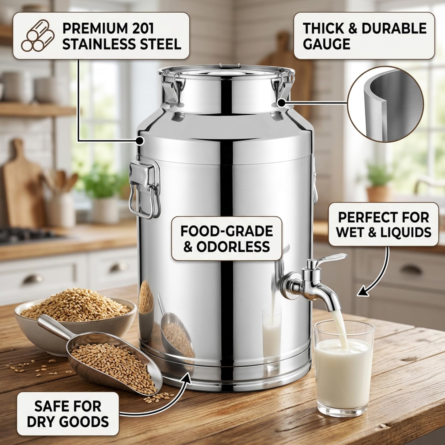 Dispensador de agua de acero inoxidable, jarra de leche de acero de grado alimentario de 9 l con tapa, depósito con grifo y cierre hermético, recipiente para almacenar alimentos como aceite, vino