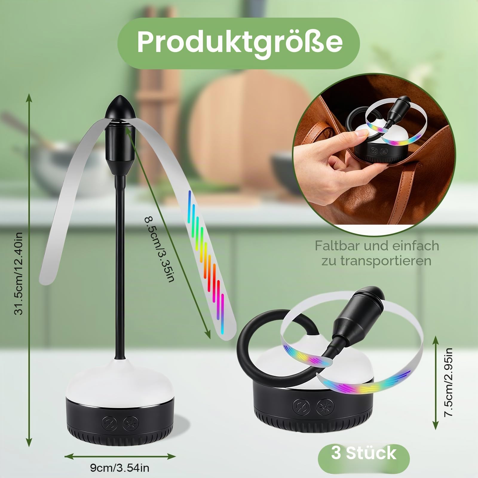 Fliegenwedler, 3 Stück Fliegenwedler mit LED-Beleuchtung, Automatischer Fliegenabwehr Faltbarer mit weichen Klingen, Aufhängbar Fliegenvertreiber mit Haken, für Camping, Partys, Küche