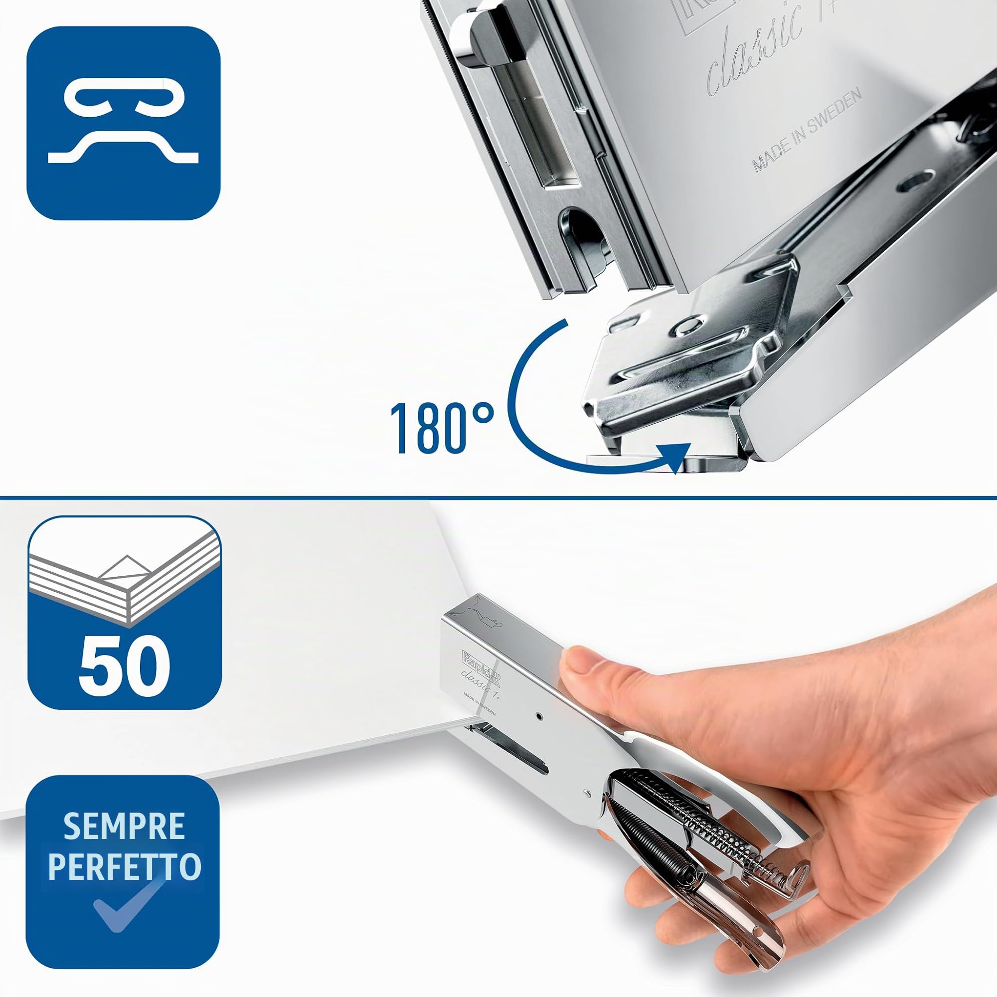 Rapid Classic K1+ Platinum Cucitrice a pinza per punti n.26, Pinzatrice compatibile con graffette n.26/6 & 26/8+, Incudine regolabile, Caricamento posteriore, Certificata ClimatePartner per, Argento