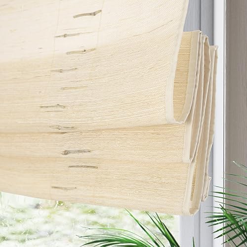 Vista 73 de Yin Yang Persianas romanas de bambú opacas sin cables, elegantes persianas romanas de madera tejida natural con salvia, persianas romanas de bambú