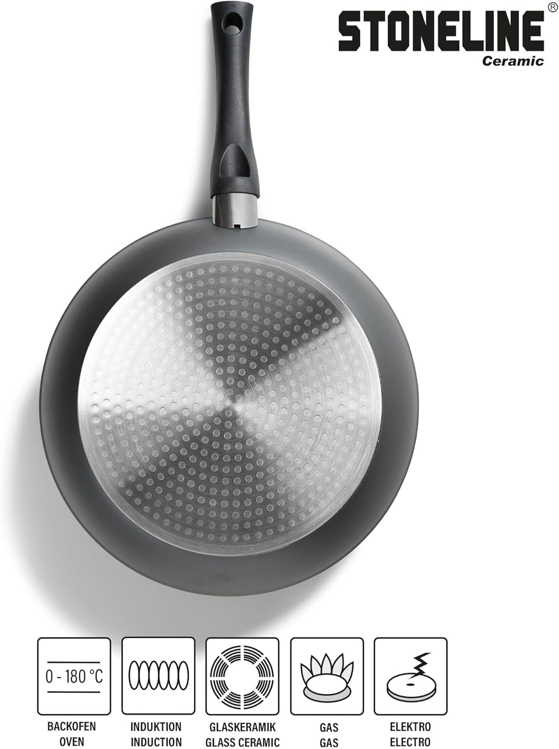 STONELINE CERAMIC 24 cm Bratpfanne, H 4,8 cm, schwarze Griffe,mit Glasdeckel