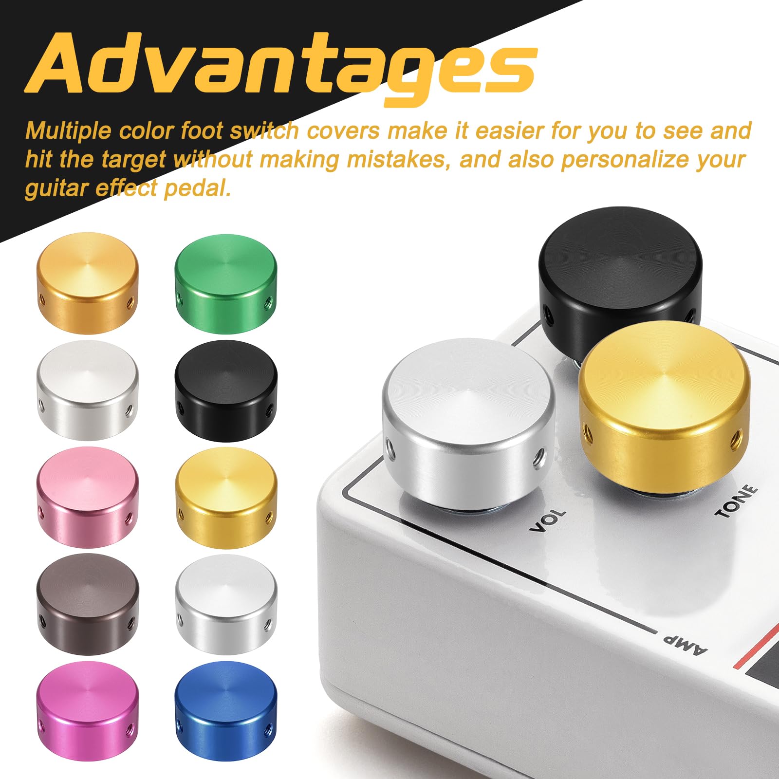 QUARKZMAN 10 Pcs Footswitch Toppers Boutons de Pédale de Guitare coque de Bouton Couvercle Supérieur de Footswitch Métal 3/8" Multi-Couleur, Vert, Or, Rose, Rouge, Noir