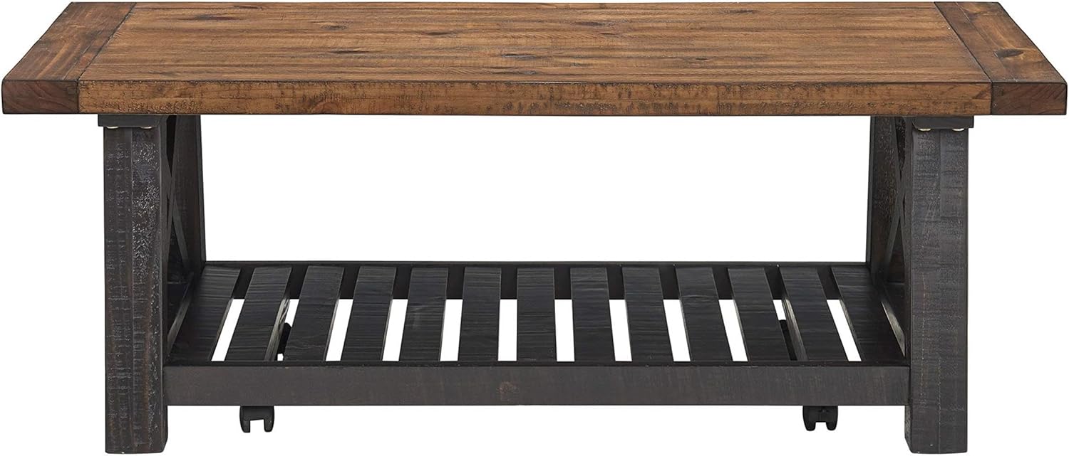 BOWERY HILL 50" Solid Wood Coffee Table, Black Stain and Natural Finish, New Zealand Pine Construction, Industrial Rustic Style with X-Framed Legs and Bottom Shelf, Living or Family Room Furniture