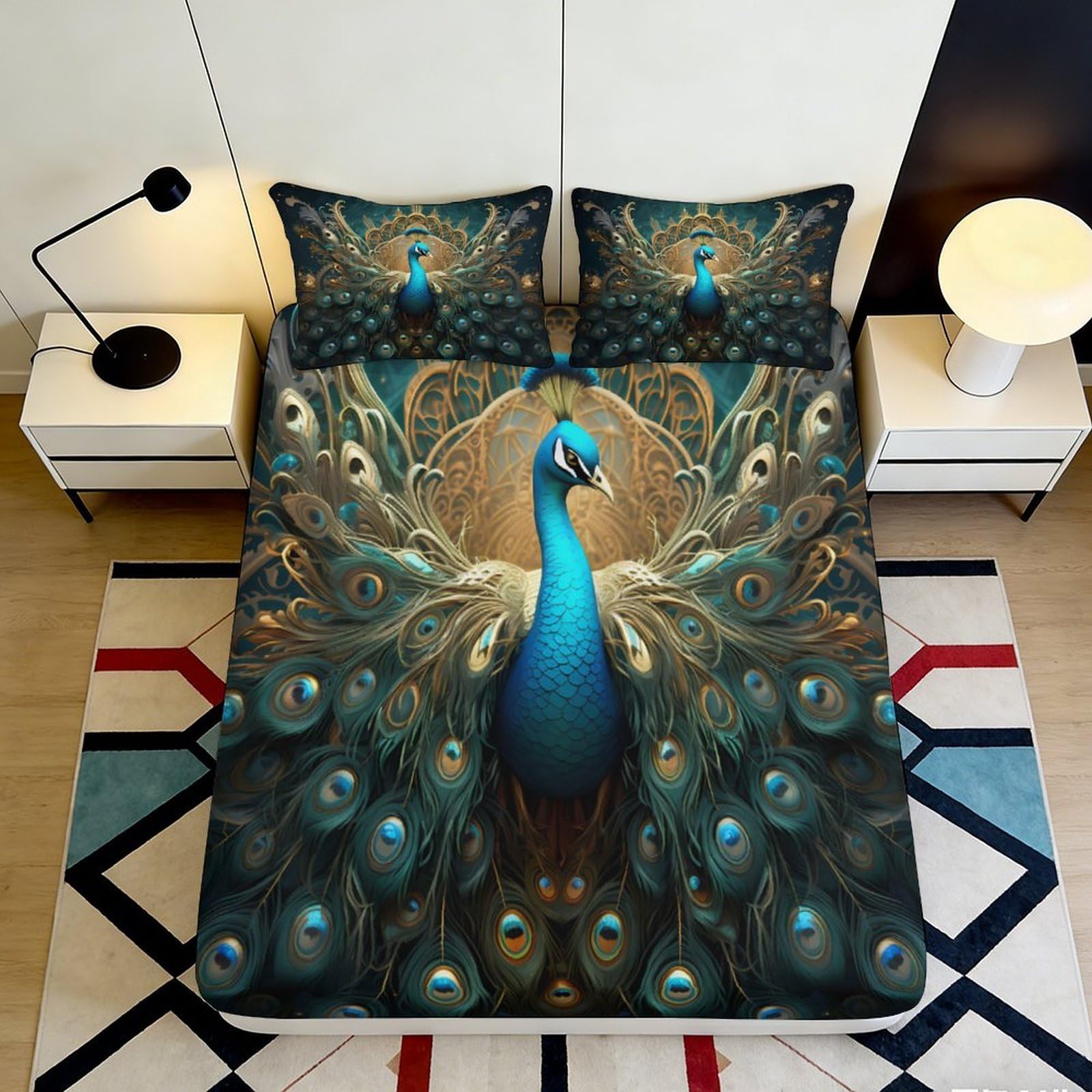 3D Printed Peacock Blue Fitted Sheet Microfiber Soft Breathable Feathered Bed Cover for Bedroom Dormitory Guest Room Mattress Protection Decor 120x200x25cm