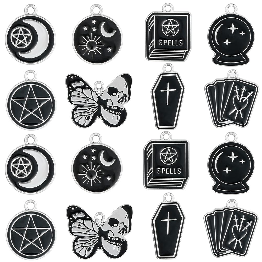 SUNNYCLUE 1 Box 32Pcs 8 Styles Black Halloween Charms Magic Charms Bulk Butterfly Coffin Charm Alloy Holiday Moth Cross Charm for Jewelry Making Charms Findings Necklace Earring Women Adults Craft
