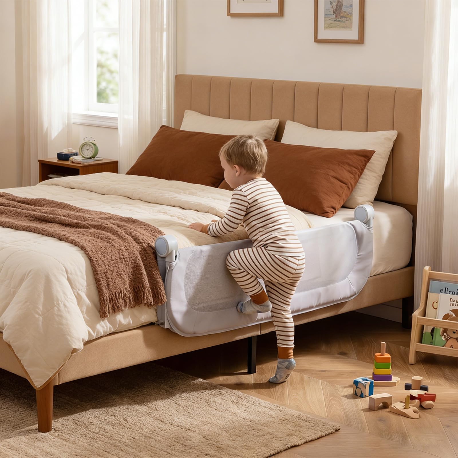 RELAX4LIFE - Barrera de seguridad para niños, doble bloqueo, malla transpirable, base metálica, protección anticaída, para colchón de 10 a 28 cm de grosor (gris)
