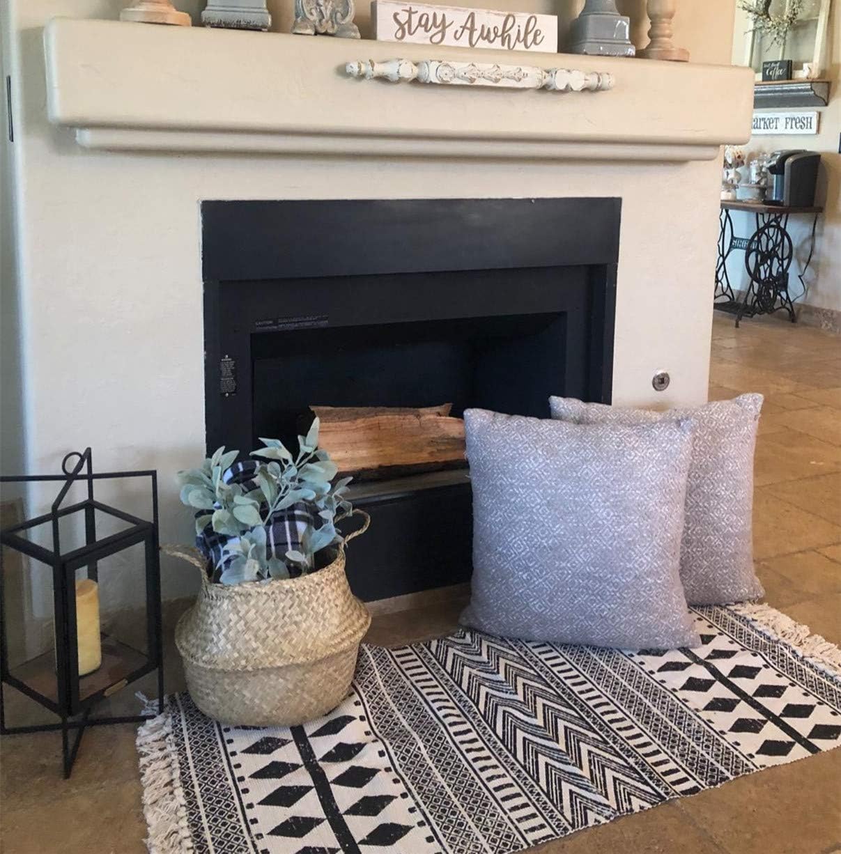USTIDE Moroccan Cotton Tassel Rug, Black&Cream Laundry Room Boho Bath Rug Machine Washable Woven Braided Doormat Hearth Rug for Bathroom Kitchen Bedroom,2’×4.3’