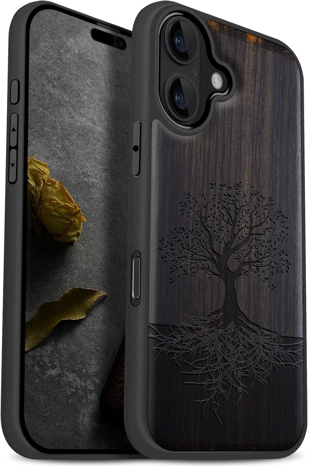 Carveit Magnetic Wooden Case for iPhone 17 Case, Wood Artisan Engraved & Black Soft TPU Shockproof Cover, Compatible with MagSafe Wireless Chargers (The Yin Yang Tree) Blackwood