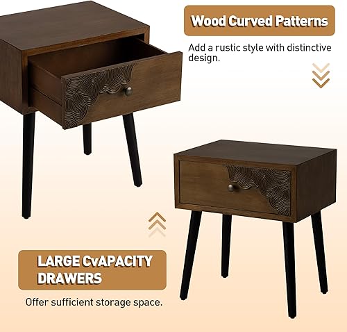 Miniatura 14 de COSIEST Mesita de noche, mesa auxiliar rústica con 3 cajones, mesita de noche de madera vintage con patas sólidas, mesa auxiliar moderna para Patrón