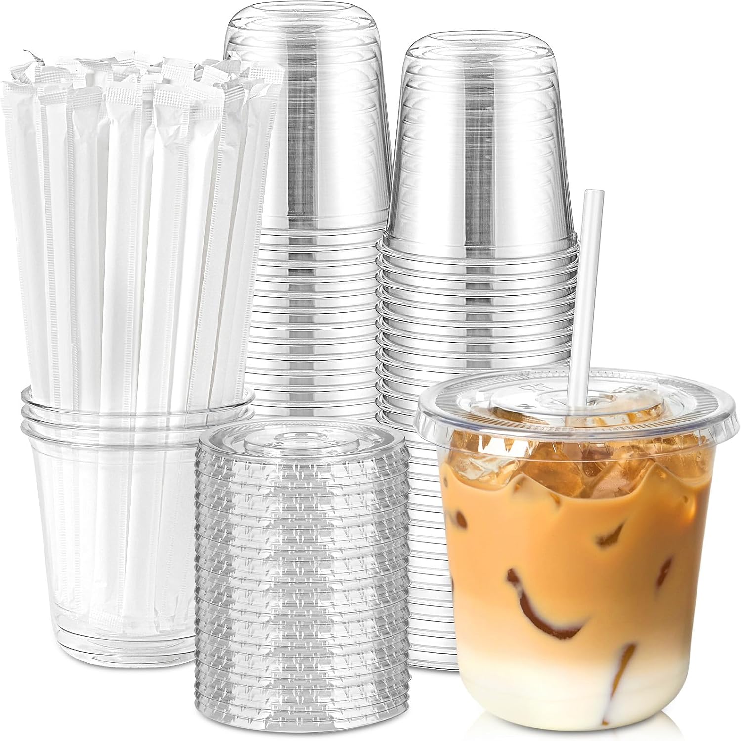 Jycnolm [50 Sets - 12oz Round Bottom Clear Plastic Cups with Lids and Straws, Disposable Iced Coffee Cups with Lids To Go Cold Drink Cups for Smoothies, Juices, Party Catering