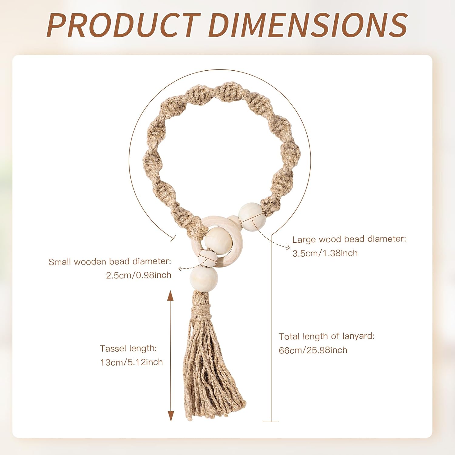 Macrame Curtain Tiebacks with Wooden Beads, Jute Rope Boho Holdbacks with Tassels, Natural Beige, 2-Pcs