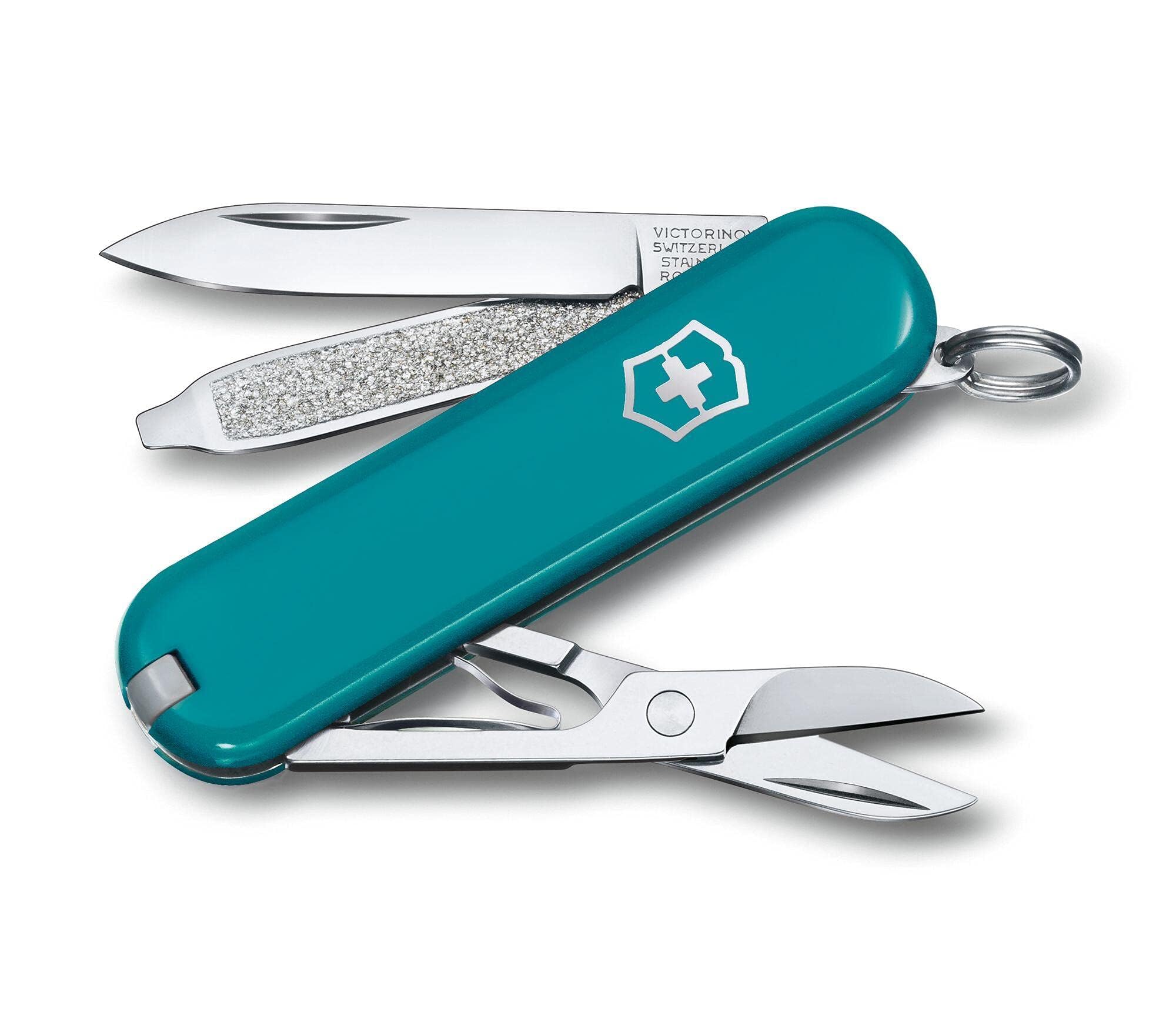 Victorinox Classic SD Swiss Army Knife, Compact, 7 Functions, Swiss Made Pocket Knife with Small Blade, Screwdriver and Key Ring - Mountain Lake (