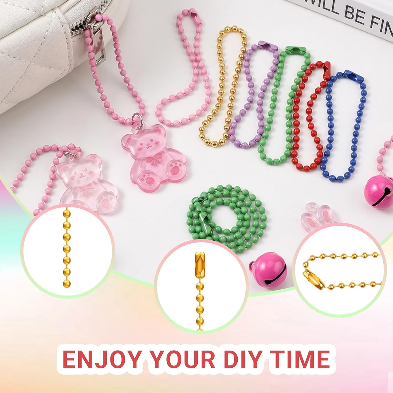 60 Pcs Ball Bead Chain, 4.72 Inch Dog Tag Chain, Stainless Steel Ball Chain Keychain and Connector Clasp, Mulit Color Ball Bead Chain Bulk for Jewelry Making Key Rings Crafts DIY Hanging Decoration