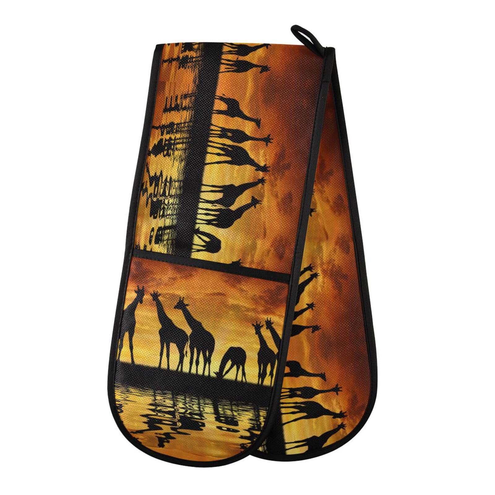 Double Oven Gloves Heat Resistant African Giraffe Double Oven Mitts Pot Holder Heat Protection Oven Gloves for Home Kitchen Baking Cooking BBQ Microwave