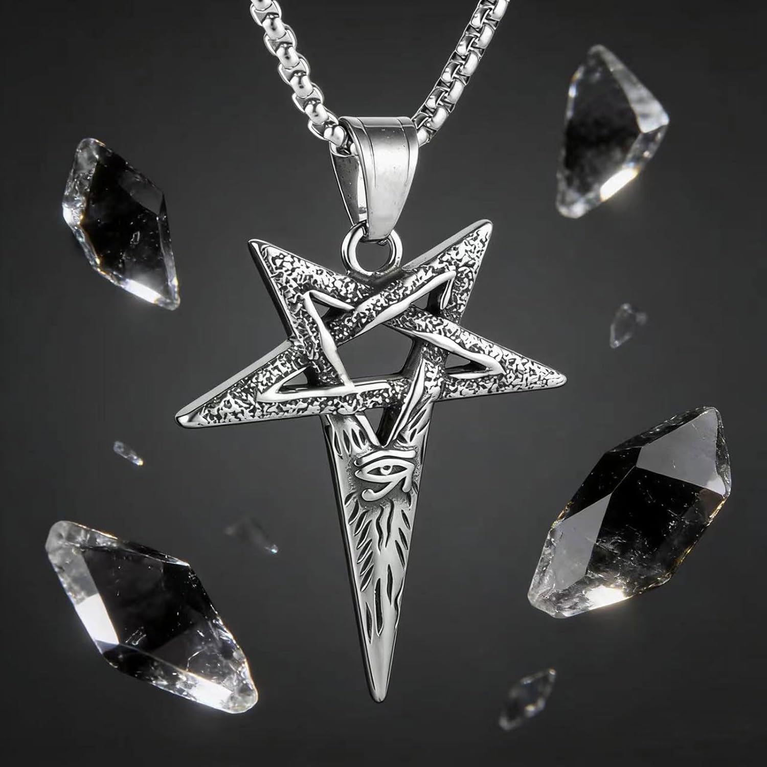 Men'S And Women'S Gothic Inverted Pentagonal Pentagram Devil'S Eye Pendant Necklace, 316L Stainless Steel, Silver Stainless Steel Square Pearl Chain, Vintage Amulet Jewelry - Image 6