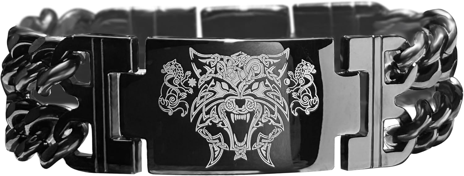 bahamut Mens Viking Odin Gungnir Stainless Steel Cool Cuban Chain Link Bracelet for Men,Norse Cuff Wristband Jewelry