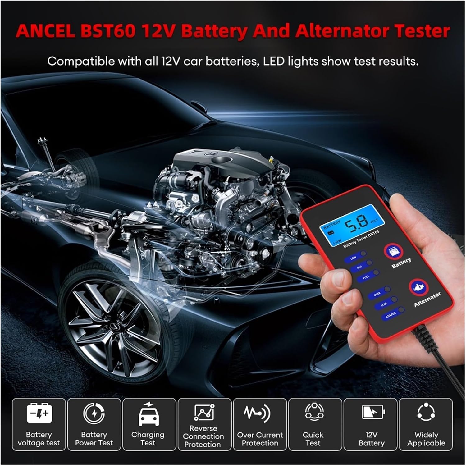 BST60 12V Digital Car Battery Tester Quick Tester Alternator Charging with Lighter Adapter Car Battery Test Tool for Battery Testing