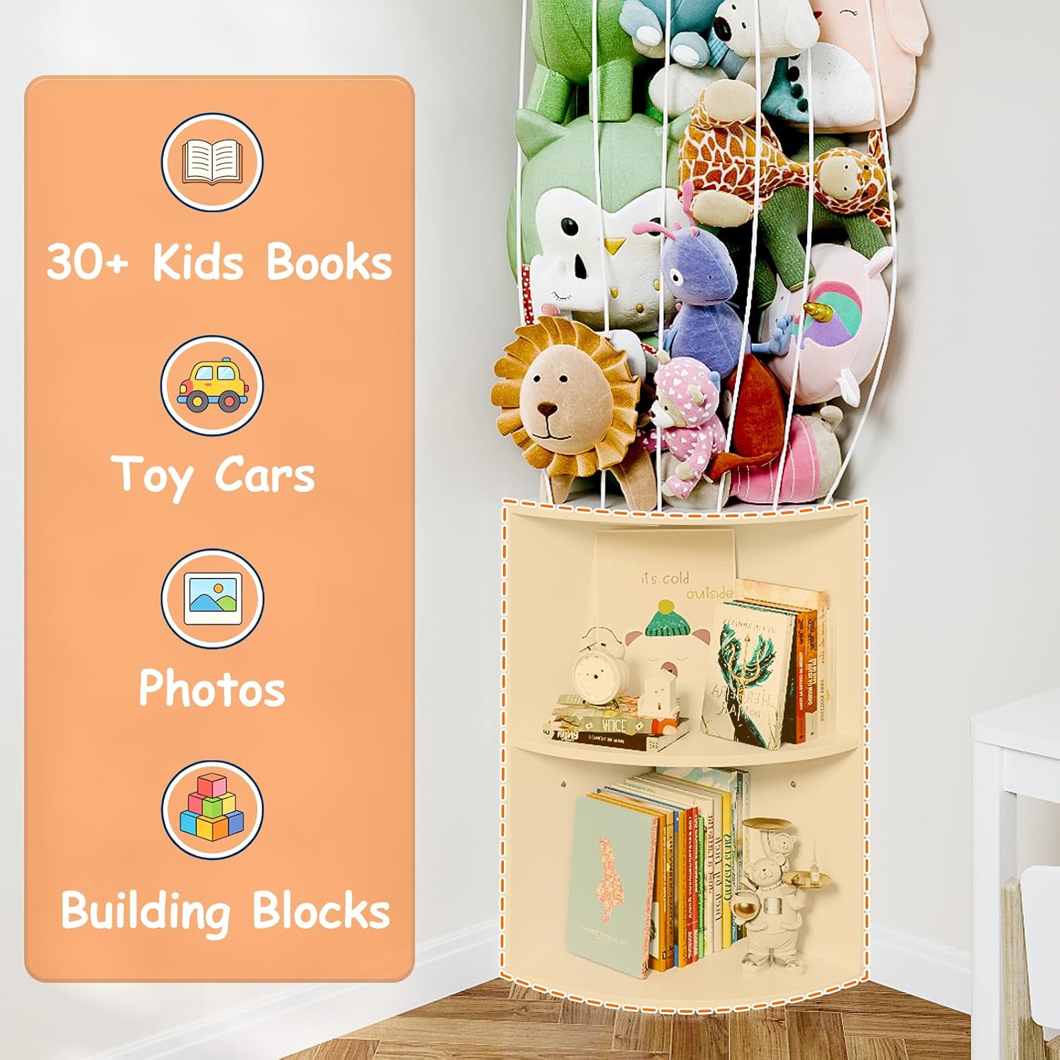 74.7" H Stuffed Animal Storage with 2-Tier Corner Bookshelf - Wall Mount Height Adjustable Plush Toy Organizer, Wooden Kids Bookshelf for Small Spaces Nursery Playroom Kids Room, White