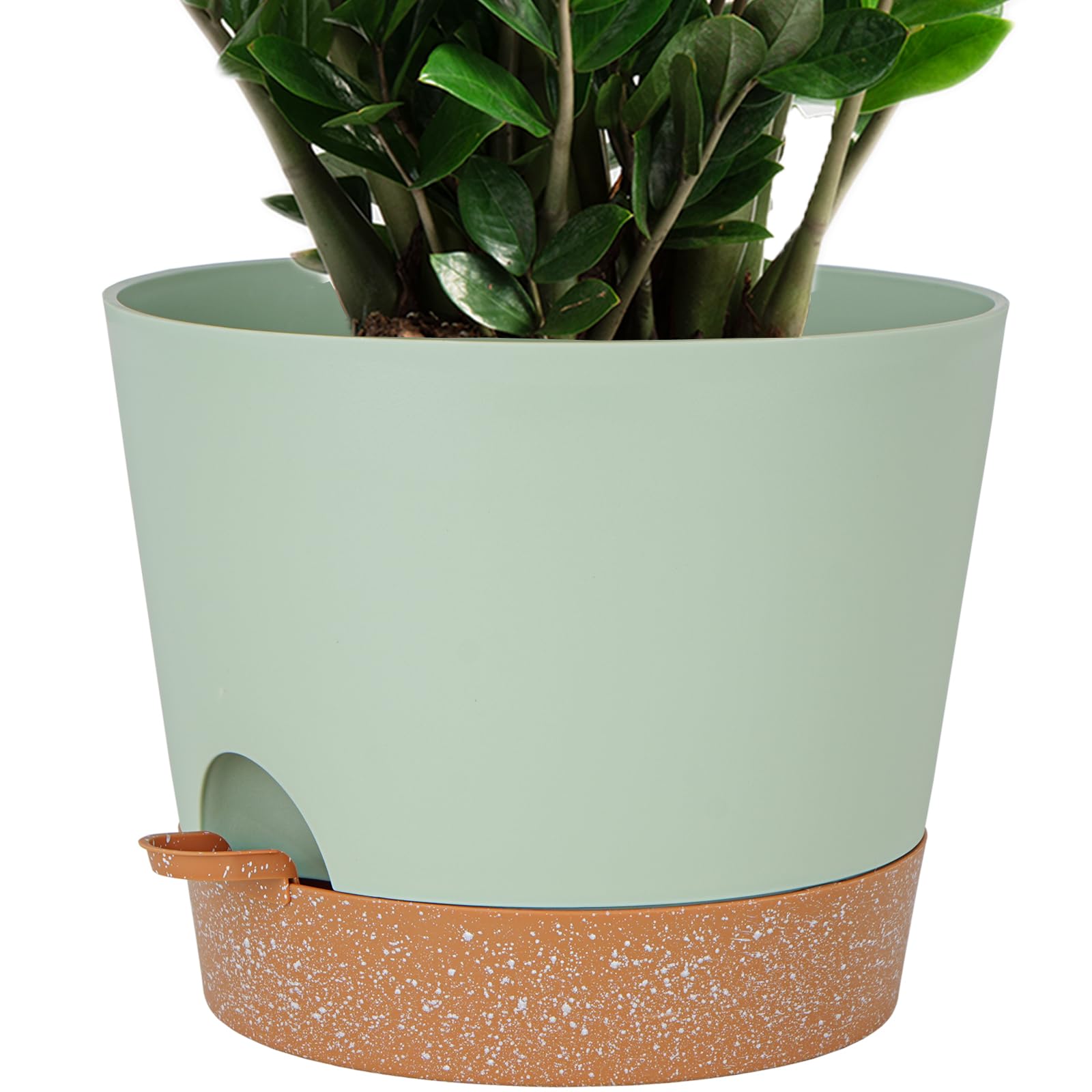 SwinDuck 12inch Large Self Watering Plant Pot, Plastic Cylinder Planter with 60Oz Deep Reservoir and Saucer for Indoor Outdoor Plants Flowers Houseplants, Green with Brown