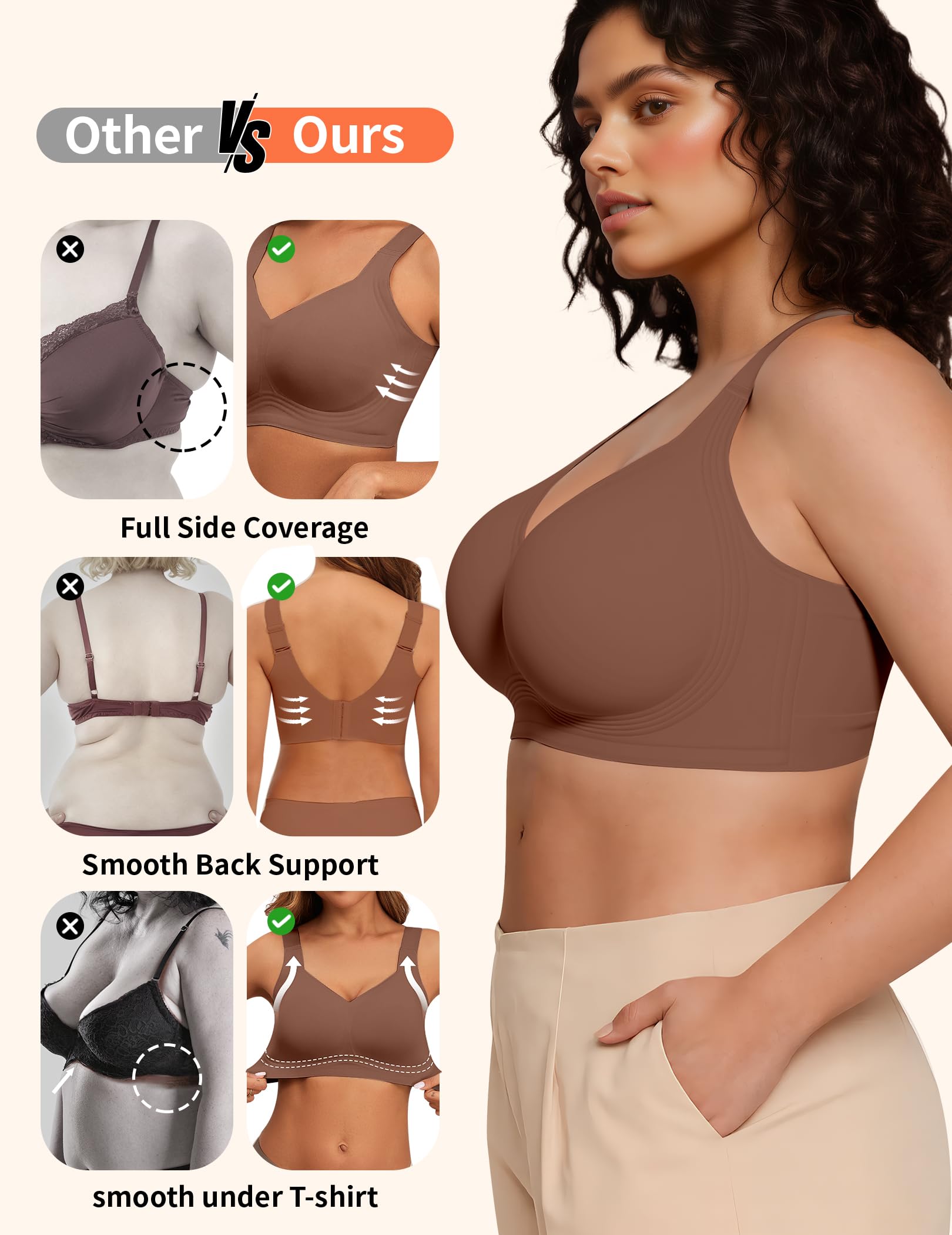 PoseFree Womens Seamless Wireless Supportive Bra Push Up Comfort Soft No Underwire Full Coverage T-Shirt Bra