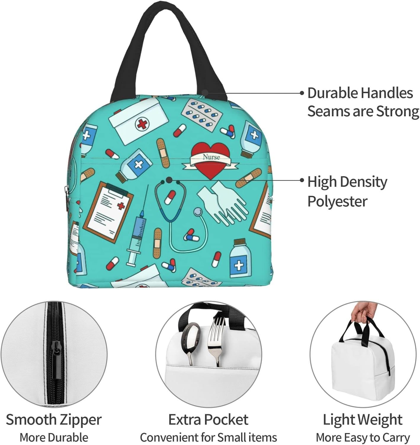 Hmklpi Nurse Medical Theme Insulated Kids Lunch Bag,Nurses Day Gifts Reusable Cooler Lunch Tote for Men & Women Girls Camping/Hiking/Picnic/Beach/Travel - Image 7