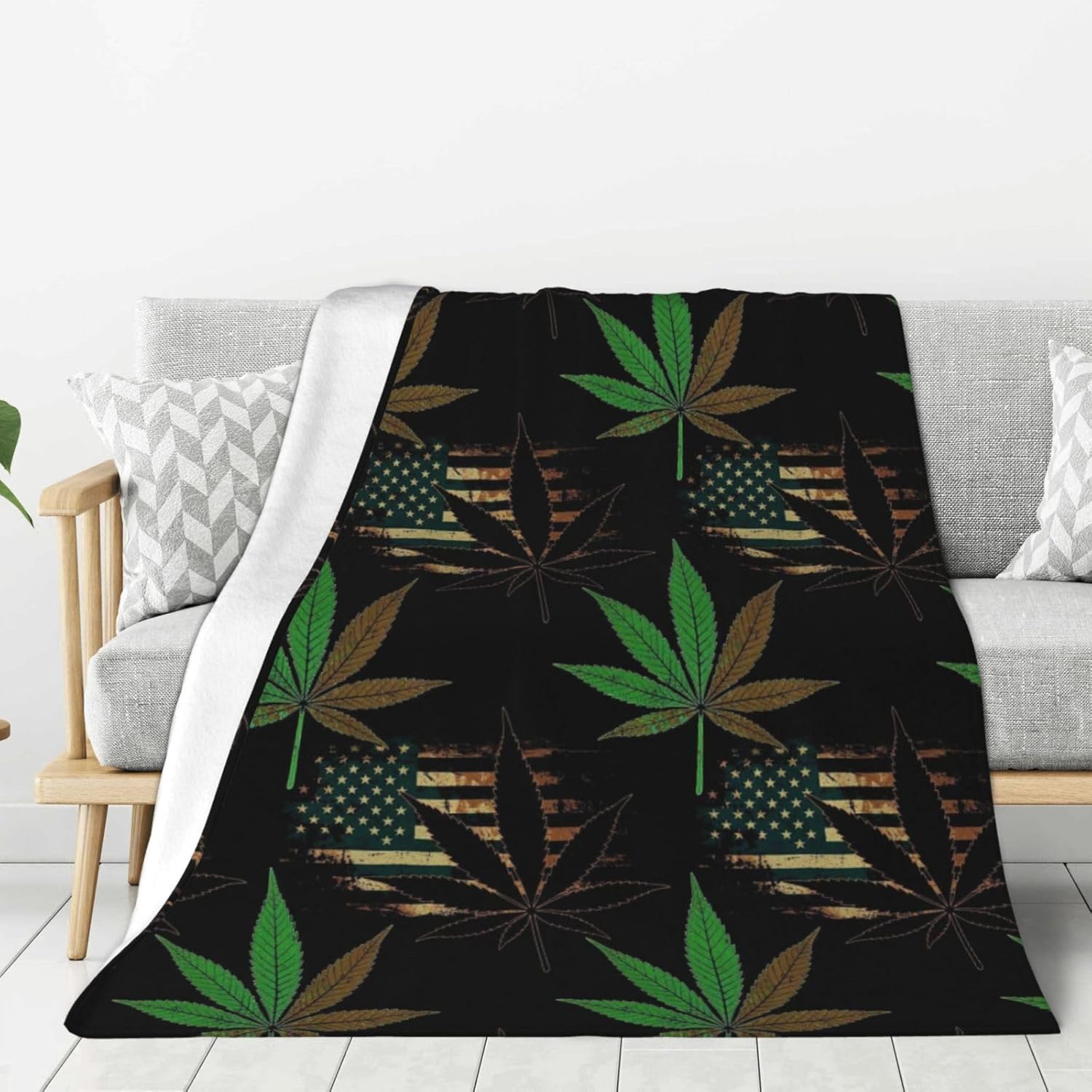 Soft Flannel Blanket for Men Women, Weedleaf Leaves Painting American USA Flag Black, Fall Blankets Queen King Size, Warmer Personalized Throw Blanket for Sofa Couch Bed Birthday, 60"x50"