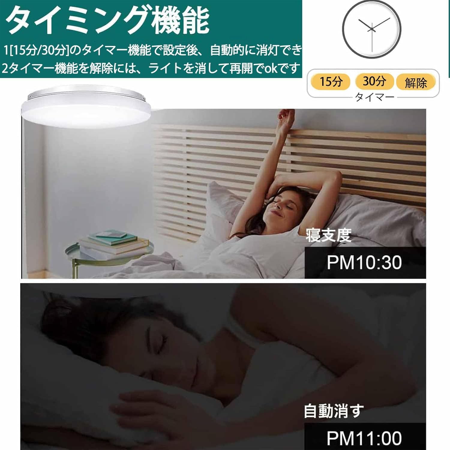 Timer function illustration showing 15 and 30 minute options