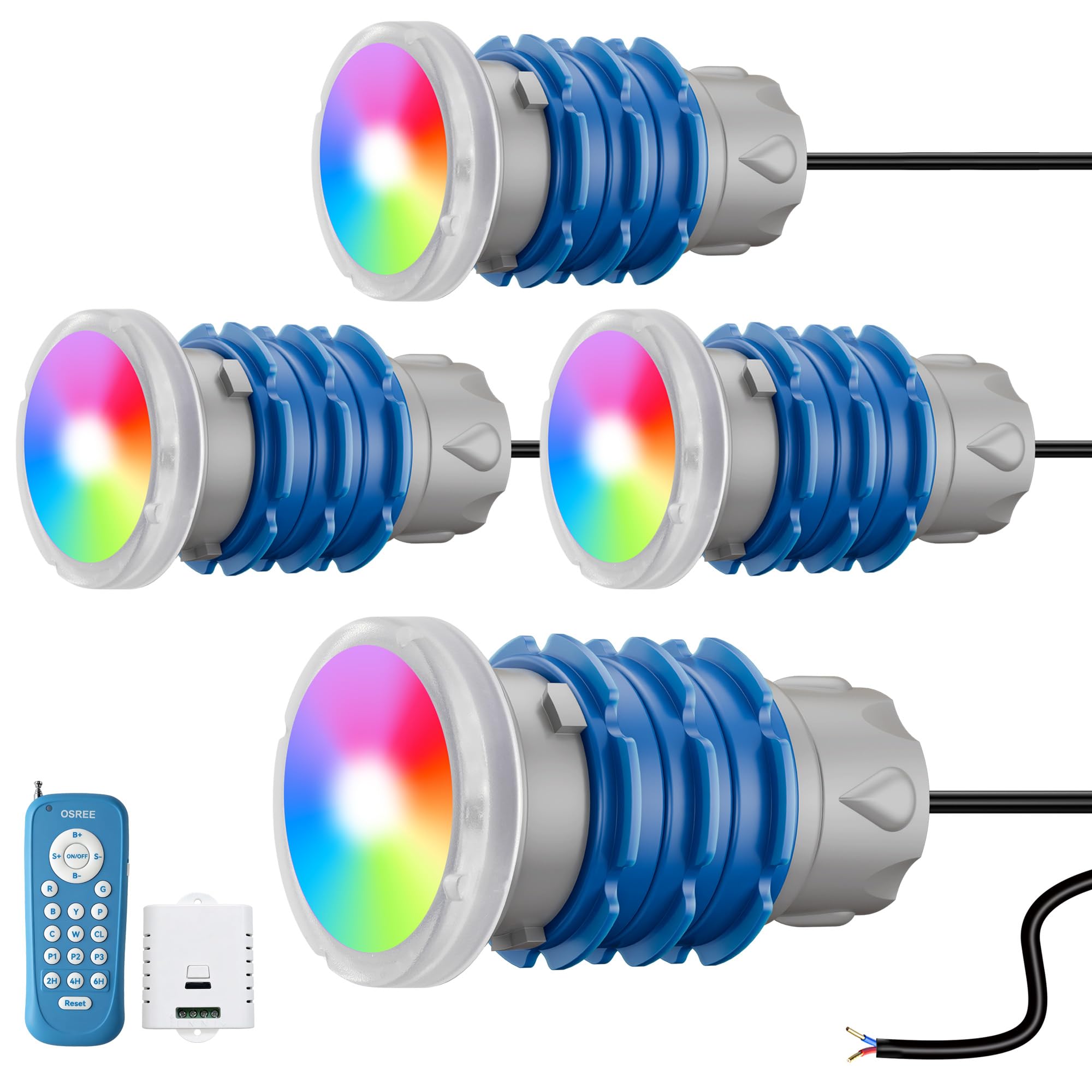 Mini Projecteur Piscine Vissable avec Filetage 1,5", 6W RGB Spot LED Piscine Multicolore avec Télécommande, Ø49mm, 12V AC Étanche IP68 Lampe Fixer sur Prise Balai pour Piscines Béton, Lot de 4