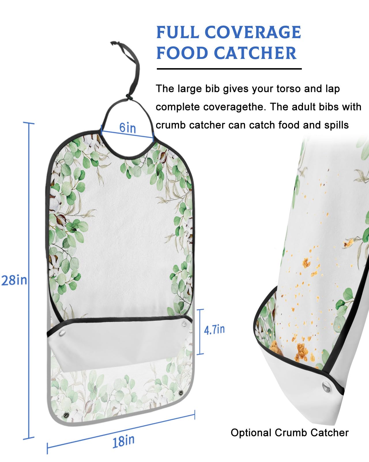 Spring Summer Eucalyptus Leaves Adult Bib for Eating with Crumb Catcher,Washable & Waterproof Terry Cloth Adjustable Elderly Women Men Bibs Funny Clothing Protector Green Botanical Watercolor Leaf