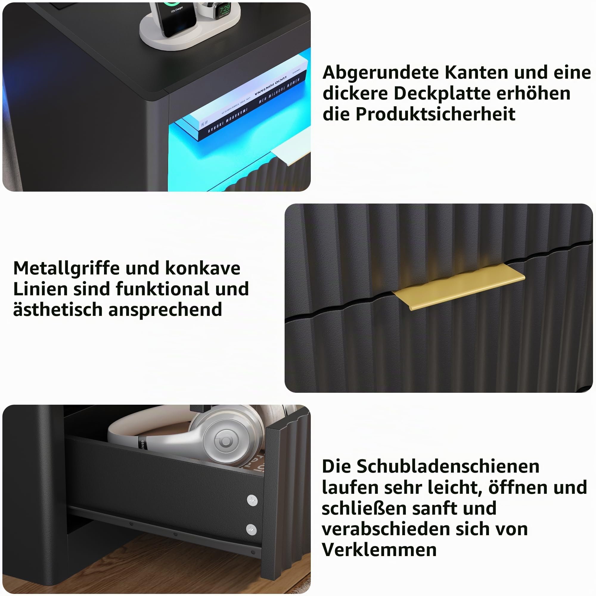 Extra große Nachttische mit Ladestation und LED-Beleuchtung, 75 x 60 x 40 cm Nachttisch mit 3 Schubladen und offenem Fach, Beistelltisch mit 2 USB-Anschlüsse für das Schlafzimmer (1)