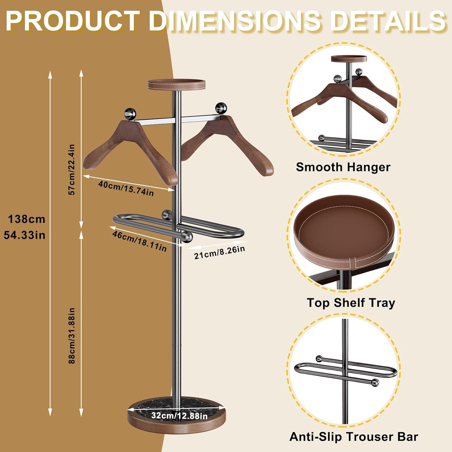 Men's Suit Hanger Stand, Solid Wood Freestanding Suit Storage Rack with Marble Base Includes Top Tray for Storing Garments, Watches, Keys and Other Items