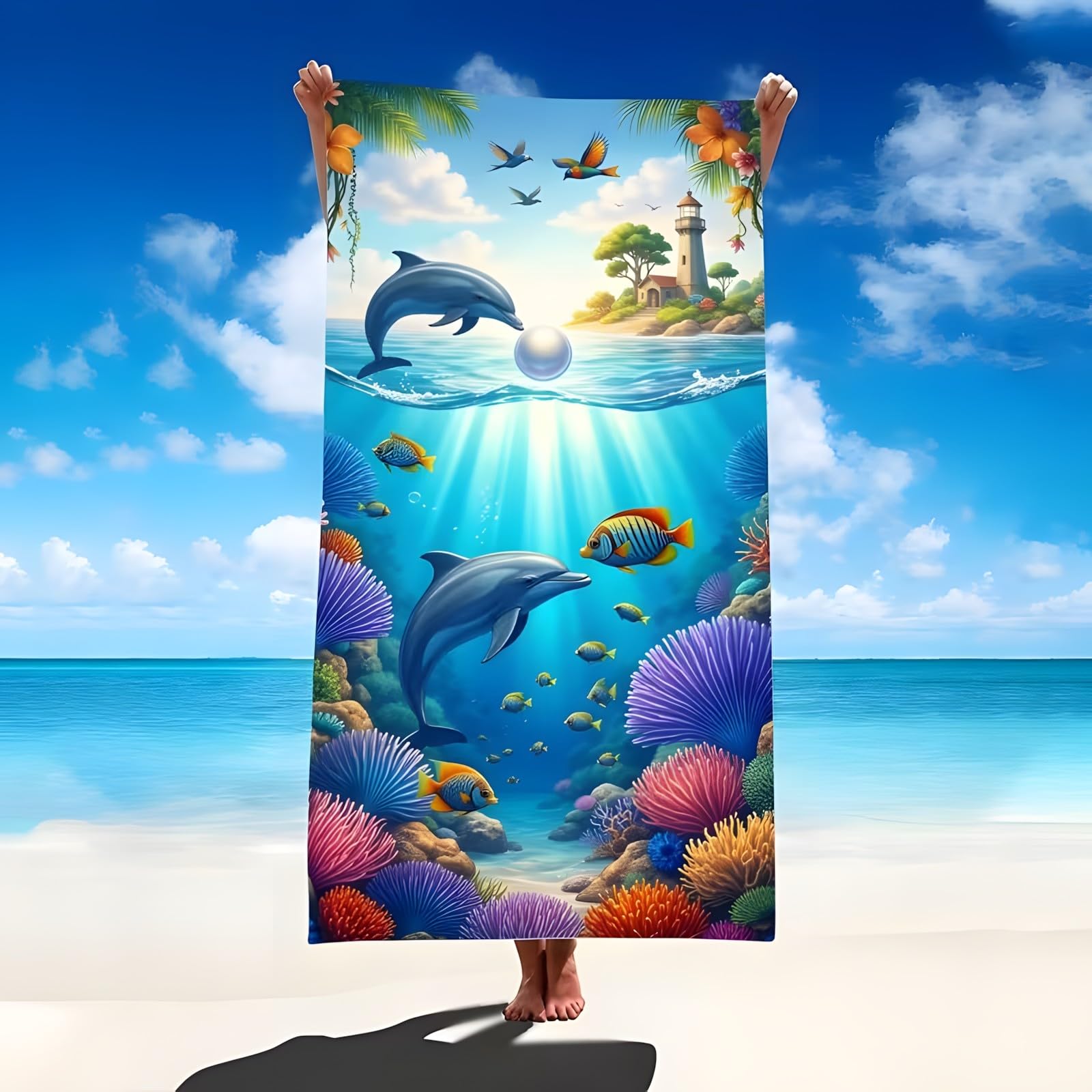 YZQGLHP Dolphin Microfibre Beach Towel Fish Beach Bath Towel Quick Drying, Lightweight, Sand-Free, Durable, for Pool, Gym, Camping, Travel Towel 90x200cm