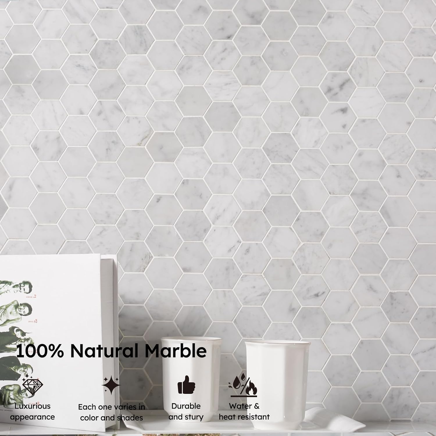 Diflart Carrara White Marble Mosaic Tile, 2 Inch Hexagon, Matte, Italian Bianco Carrera Marble Backsplash Tiles for Kitchen Bathroom Wall Floor, Pack of 5 Sheets