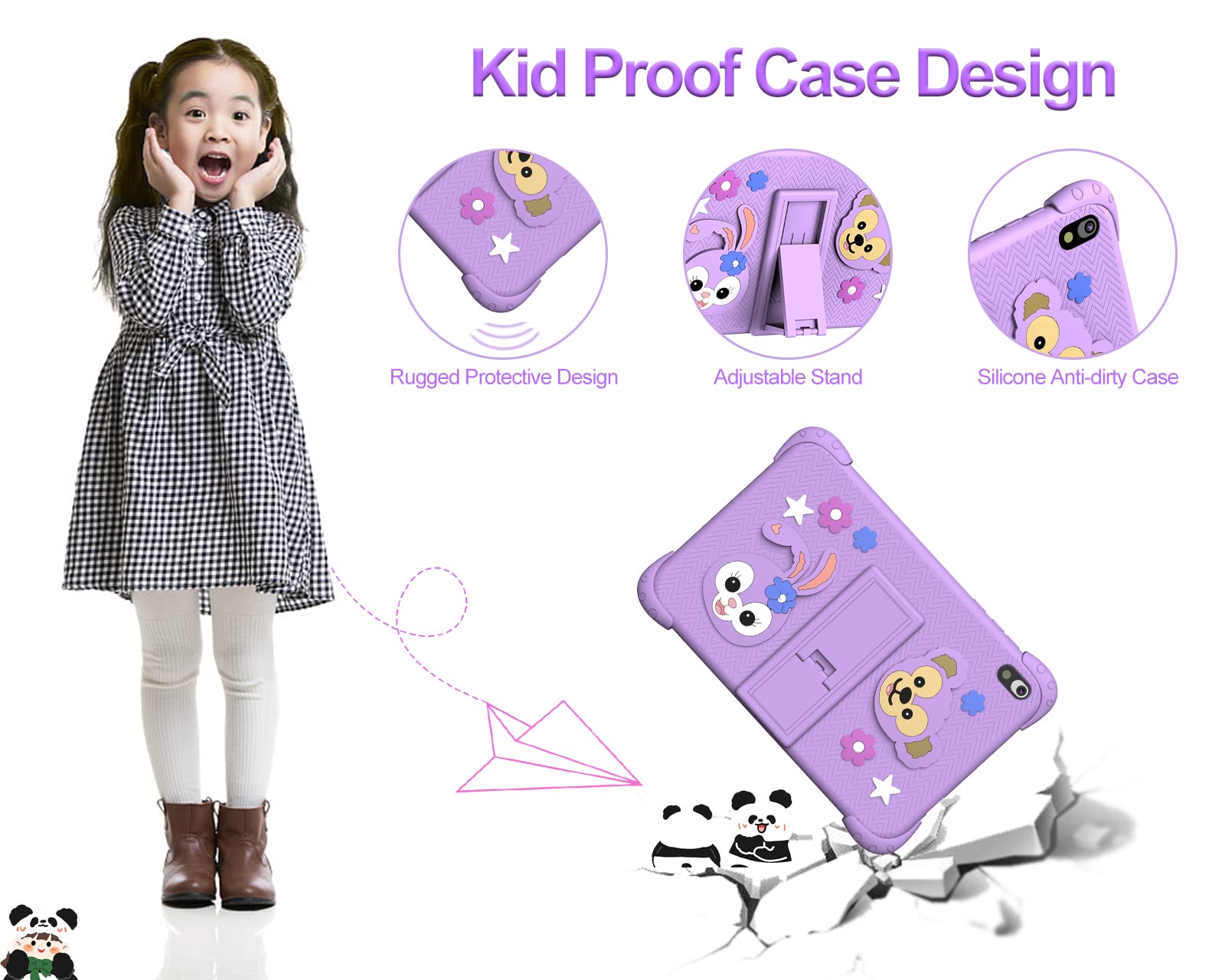 Tablet Bambini,8 Pollici Android 11,6GB RAM 128GB Rom per Bambini 3 a 6 8 10 Anni,Controllo Parental Doppia Fotocamera,WiFi Bluetooth,Educativo Kids Tablet con Custodia,Viola