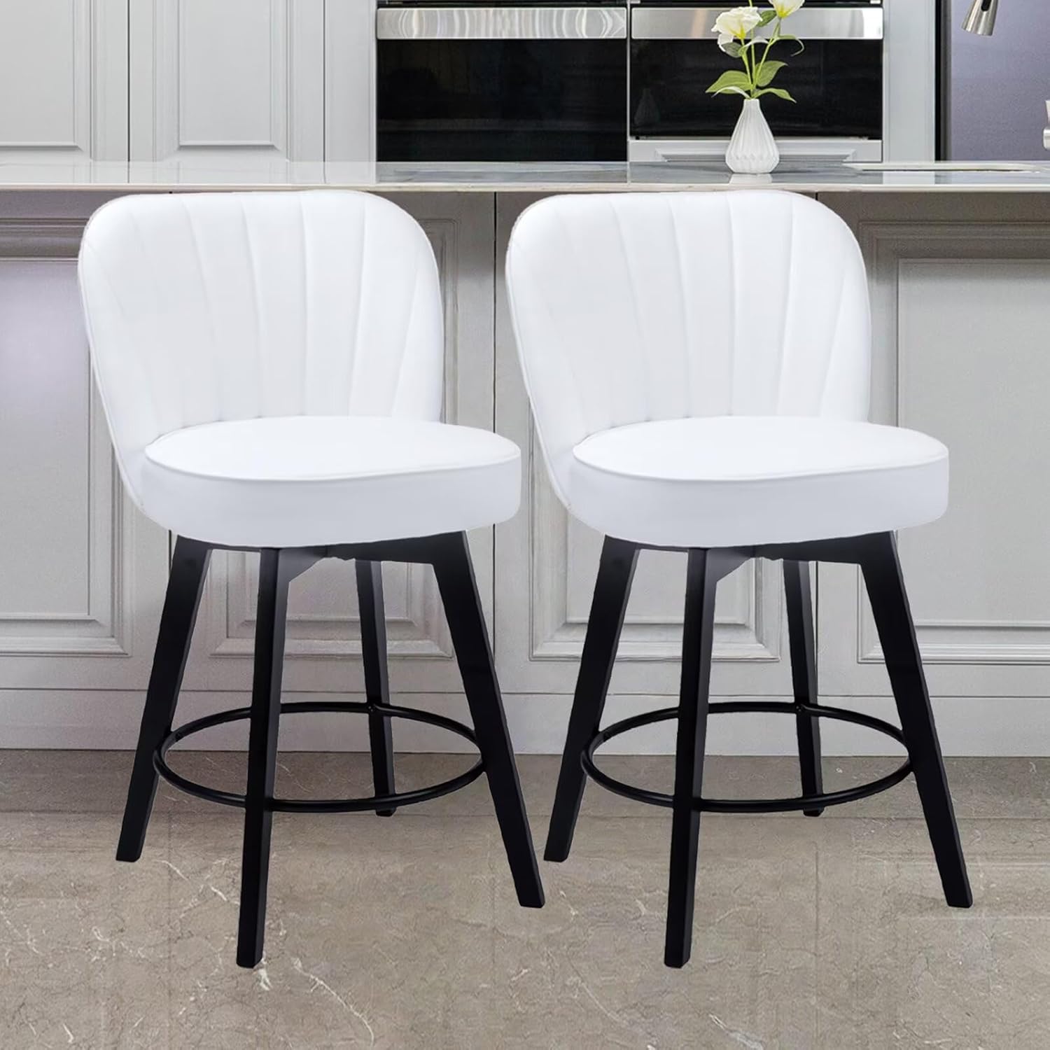 MINCETA 26 Inch Swivel Bar Stools Set of 2, Upholstered Fabric Counter Height Stools with Back, 360° Swivel Barstools with Footrest for Kitchen Island, Home Bar, PU Leather Fabric, White