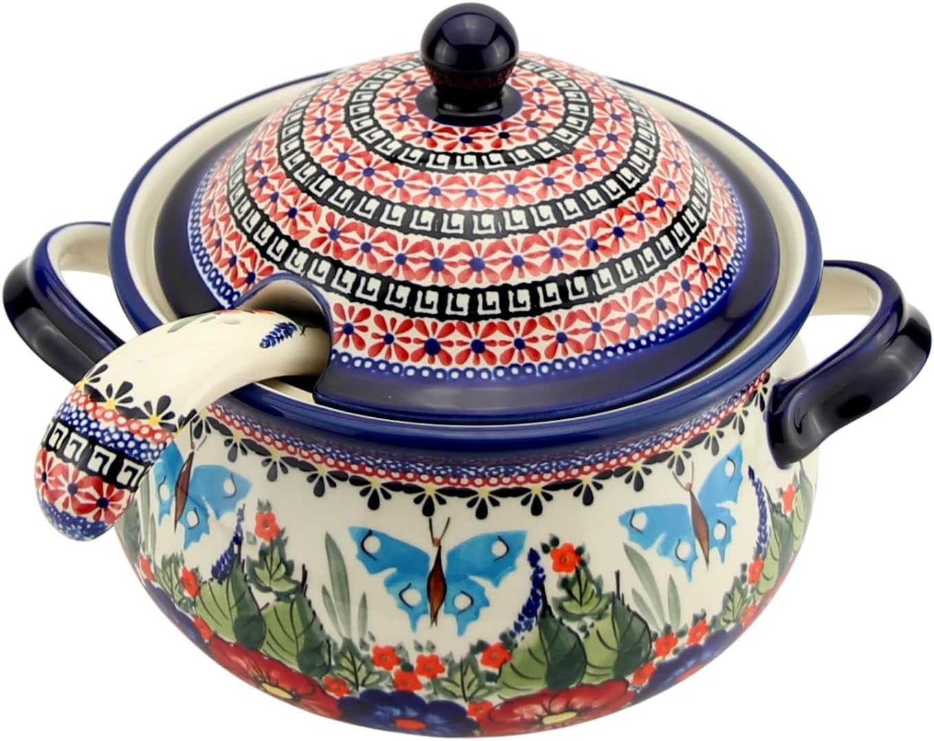 Polish Pottery Market 3.17-Quart Soup Tureen with Ladle by Zaklady Boleslawiec – Handcrafted Polish Stoneware Covered Soup Tureen with Ladle for Serving Stews - Unikat Pattern