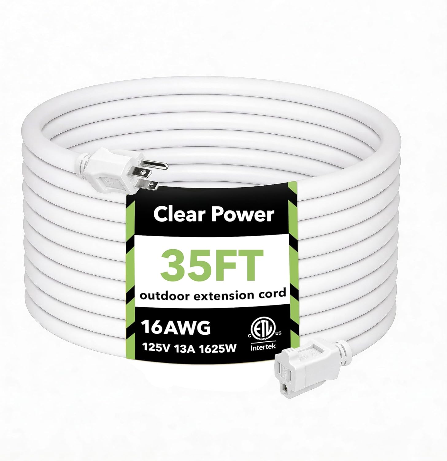 Clear Power 35 ft Outdoor Extension Cord 16/3 SJTW, 3 Prong Grounded Plug, Weather Resistant & Flame Retardant, General Purpose Power Cord, White, DCOC-0207-DC