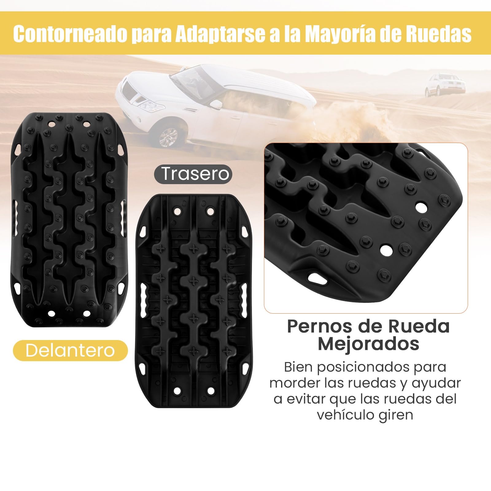 GOPLUS Tablas de Recuperación Todoterreno, Juego de 2 Alfombrillas de Tracción, Extracción de Vehículos de Arena, Barro, Nieve, Carga 10T (Negro, 58 x 31 x 6 cm)
