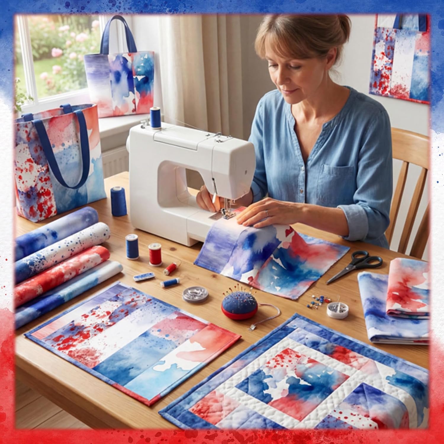Hahafelt 80 Pcs 10''x10'' Patriotic Quilting Fabric Square Red Blue White Fabric Bundle 4th of July Quilted Material USA Flag Star Printed Patchwork for Memorial Day DIY Sewing Crafts (Watercolor)