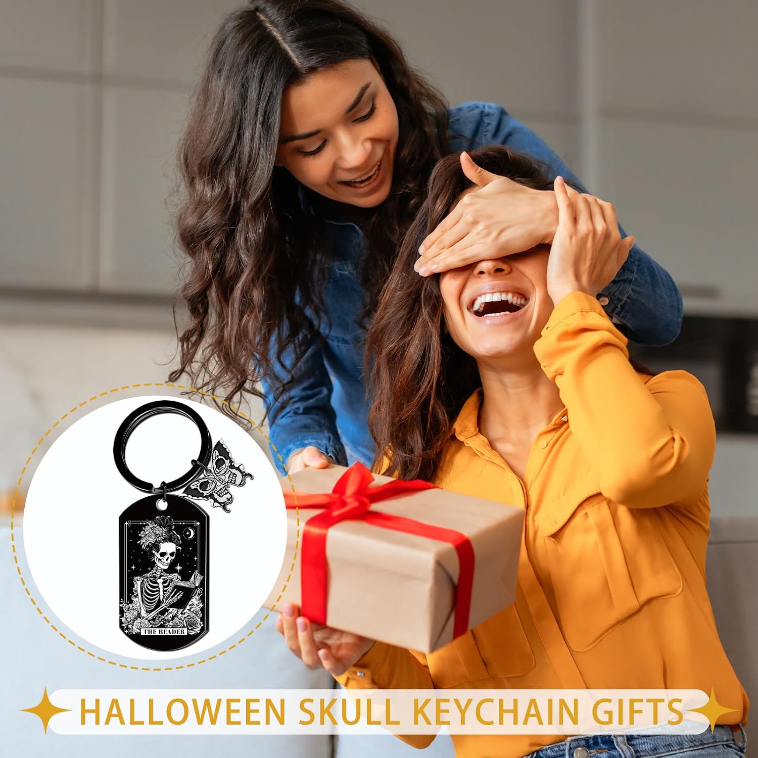 Halloween Skull Gothic keychain - Spooky Halloween Boo Basket Gift, Sugar Skull Skeleton Goth Key Chain with Butterfly Charm, Horror Witchy Gifts for Women Girls Besties Book Lovers