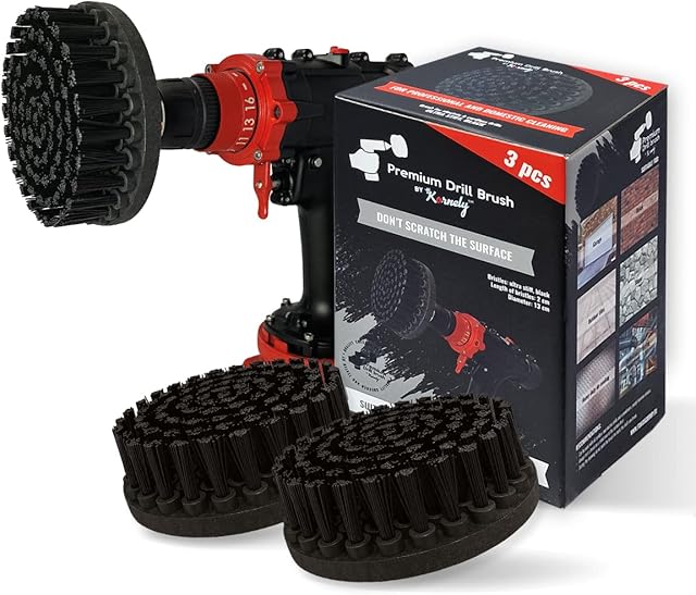 Kornely Premium Drill Brush, Ultra Stiff, Black, 3pcs. SET,13cm. Professional Power Scrubber. Doesn't Scratch Surfaces. Suitable for Cleaning Grill, Stone, Brick, Outside Tiles, Heavy Duty tasks