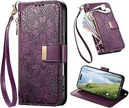 Funda Cuero para Samsung Galaxy A37 5G, Carcasa Tipo Billetera con Bolsa con Cremallera, Case Diseño de Flores a Rayones y Antihuellas. Morado