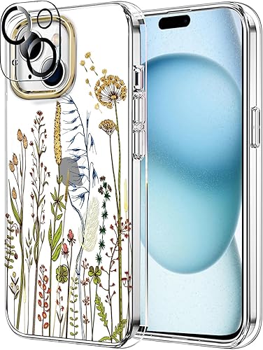 luolnh Funda compatible con iPhone 15 Plus, para mujeres y niñas, a prueba de golpes, transparente, patrón floral, carcasa trasera dura para iPhone