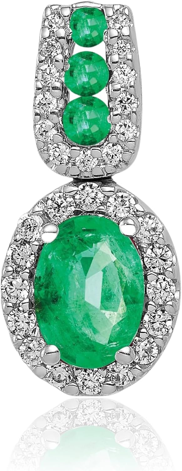 IceCarats 14K Solid White Gold 0.86 carat Green Emerald Diamond Small Halo Pendant Necklace 18mm 3/4 inch Oval Cut, Natural, Prong Set For Her