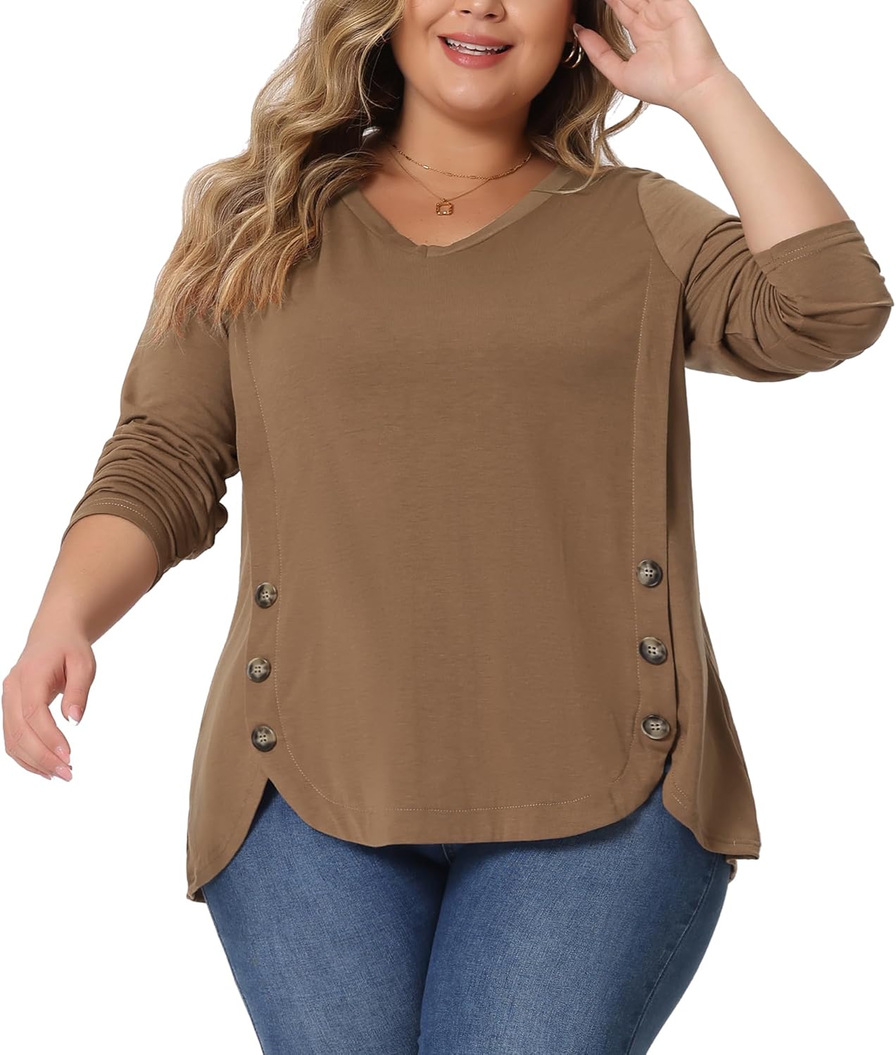 Agnes Orinda Plus Size Tunic Tops for Women Casual V Neck Loose Button Side Long Sleeve Basic Swing Blouses - Image 2