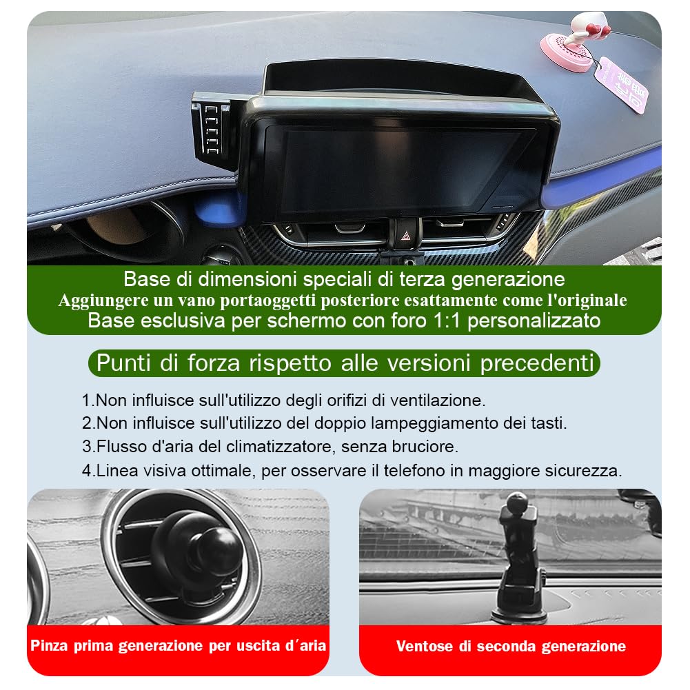 Porta Cellulare Auto Per Toyota C-HR accessori [Solo compatibile con Toyota CHR,anni 2016-2023] Rotativo 360°、Funzionamento a una mano、Facile da installare
