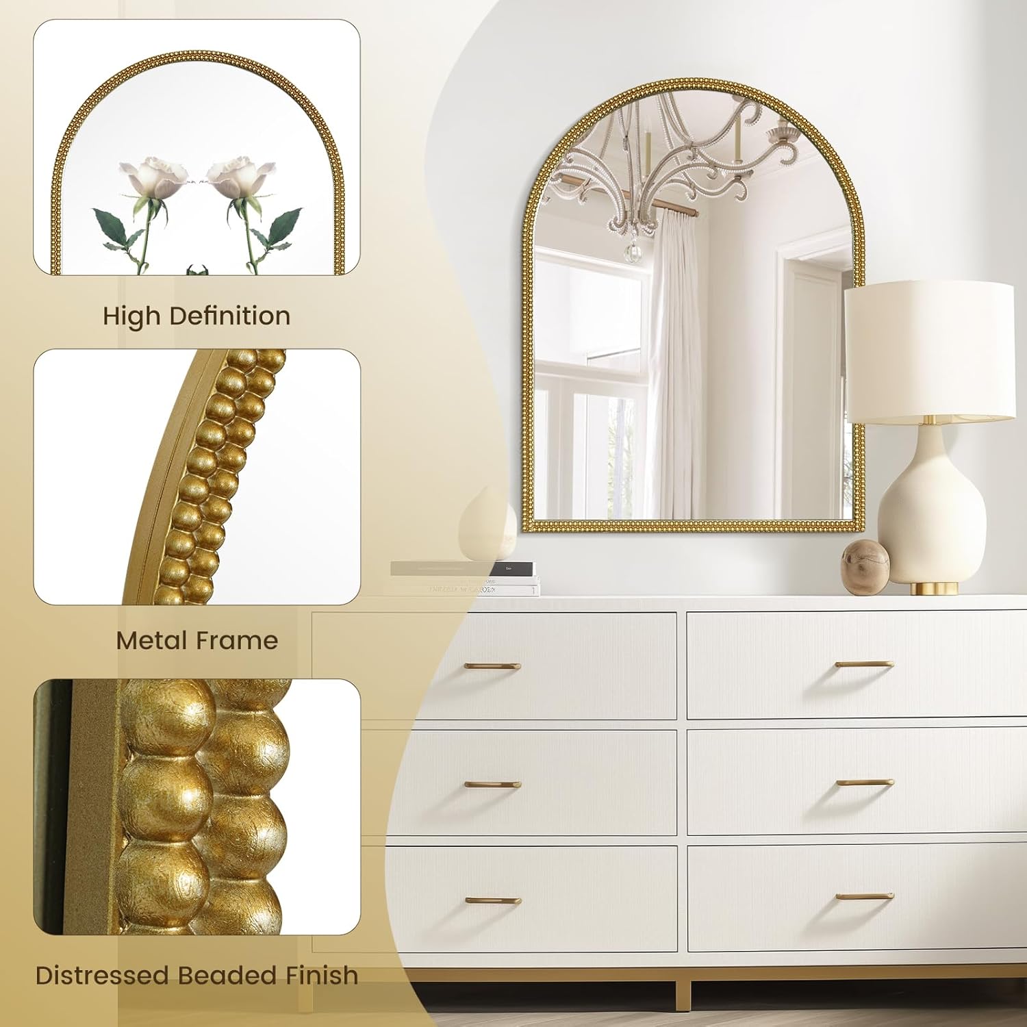WallBeyond Gold Vintage Mirror for Vanity 24x32 Inch, Gold Antique Mirror with Ornate Beaded Frame for Bathroom, Living Room, Fireplace, Entryway