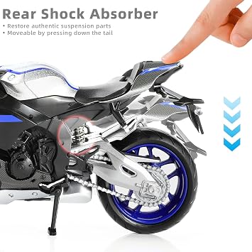 1:12 Die-cast Motorcycle Compatible for Yamaha YZF-R1M 1000R Silver | Die-cast metal fuel tank, fits 5-7in figures, perfect for display or collection