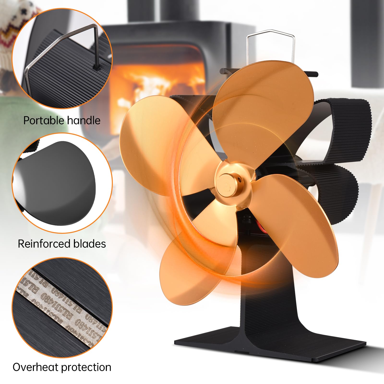 Ventilatore per Stufa a Legna a 4 Pale Alimentato a Calore, Ventilatore Termico Non Elettrico per Stufa a Legna, Camino con Bruciatore a Legna, con Protezione dal Surriscaldamento (Oro)